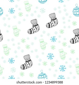 Light Blue, Green vector seamless texture with colored snowflakes, balls, socks, mittens. Colorful xmas elements with gradient. Template for business cards, websites.