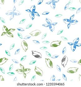 Light Blue, Green vector seamless doodle texture with leaves. Sketchy doodles with leaves on blurred background. Template for business cards, websites.