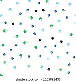 Light Blue, Green vector seamless cover with set of coffee beans. Gradient illustration with set of mugs, beans. Doodle design for your business advert of cafes.