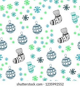 Light Blue, Green vector seamless background with xmas snowflakes, balls, socks, mittens. Shining colorful illustration in christmas style. Pattern for trendy fabric, wallpapers.