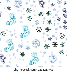 Light Blue, Green vector seamless cover with beautiful snowflakes, balls, socks, mittens. Colorful decorative design in xmas style. Template for business cards, websites.