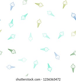 Light Blue, Green vector seamless cover with sundae ice-cream. Illustration with set of delicious sweet ice-cream cones. Design for ad, poster, banner of cafes, restaurants.