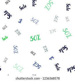 Light Blue, Green vector seamless background with 50 % signs of sales. Shining colorful illustration with isolated selling prices. Backdrop for super sales on Black Friday.