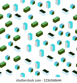 Light Blue, Green vector seamless, isometric pattern in square style. Beautiful illustration with rectangles and squares. Texture for window blinds, curtains.