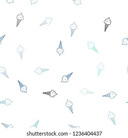 Light Blue, Green vector seamless cover with sundae ice-cream. Decorative design of ice-cream cones in doodle style. Design for ad, poster, banner of cafes, restaurants.