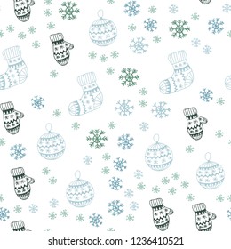 Light Blue, Green vector seamless texture with colored snowflakes, balls, socks, mittens. Colorful illustration with xmas symbols. Texture for window blinds, curtains.