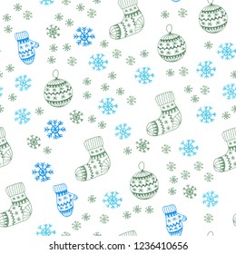 Light Blue, Green vector seamless layout with bright snowflakes, balls, socks, mittens. Shining colorful illustration in christmas style. Design for wallpaper, fabric makers.