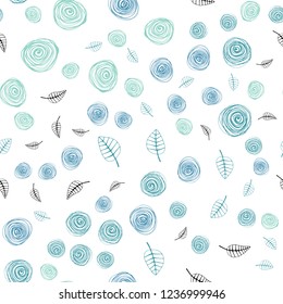 Light Blue, Green vector seamless doodle texture with leaves and flowers. Shining colored illustration with leaves and flowers. Design for wallpaper, fabric makers.