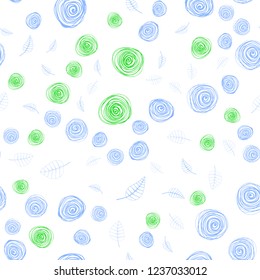 Light Blue, Green vector seamless doodle pattern with leaves and flowers. Sketchy doodles on white background. Pattern for design of fabric, wallpapers.