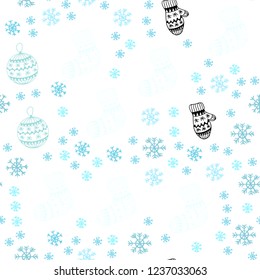 Light Blue, Green vector seamless pattern with christmas snowflakes, balls, socks, mittens. Glitter abstract illustration with gradient. Design for textile, fabric, wallpapers.