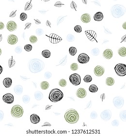 Light Blue, Green vector seamless doodle pattern with leaves and flowers. Leaves and flowers with gradient on white background. Template for business cards, websites.