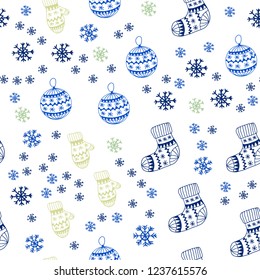 Light Blue, Green vector seamless texture with colored snowflakes, balls, socks, mittens. Modern geometric abstract illustration. Texture for window blinds, curtains.