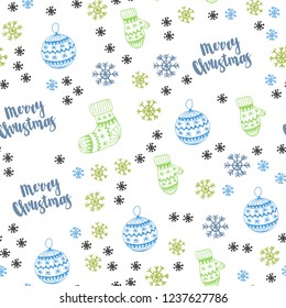 Light Blue, Green vector seamless template with ice snowflakes, balls, socks, mittens. Shining colorful illustration in christmas style. Pattern for trendy fabric, wallpapers.