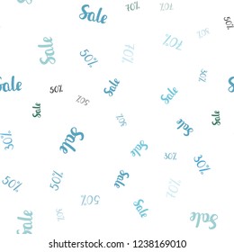 Light Blue, Green vector seamless texture with selling prices 30, 50, 70 %. Gradient illustration with discount signs on white backdrop. Backdrop for super sales on Black Friday.