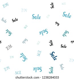 Light Blue, Green vector seamless cover with symbols of 30, 50, 70 % sales. Colored words of sales with gradient on white background. Design for business ads, commercials.
