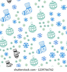 Light Blue, Green vector seamless texture with colored snowflakes, balls, socks, mittens. Colorful decorative design in xmas style. Template for business cards, websites.