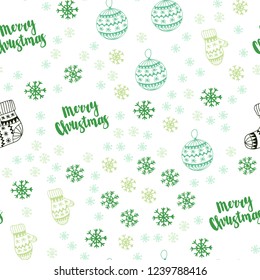 Light Blue, Green vector seamless cover with beautiful snowflakes, balls, socks, mittens. Colorful illustration with xmas symbols. Texture for window blinds, curtains.