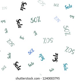 Light Blue, Green vector seamless background with 50 % signs of sales. Colored words of sales with gradient on white background. Template for season sales, shopping ads.