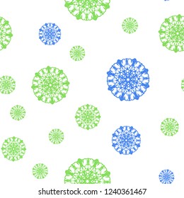 Light Blue, Green vector seamless pattern with christmas snowflakes. Decorative shining illustration with snow on abstract template. Pattern for design of fabric, wallpapers.
