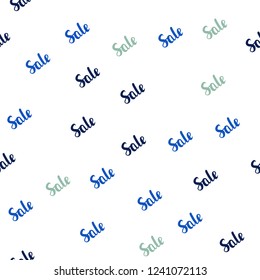 Light Blue, Green vector seamless texture with selling simbols. Colored words of sales with gradient on white background. Backdrop for super sales on Black Friday.