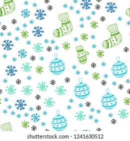 Light Blue, Green vector seamless texture with colored snowflakes, balls, socks, mittens. Colorful illustration with xmas symbols. Design for textile, fabric, wallpapers.