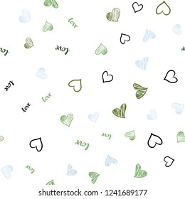 Light Blue, Green vector seamless cover with quote LOVE YOU, hearts. Colorful gradient phrase LOVE YOU, hearts in abstract style. Texture for window blinds, curtains.