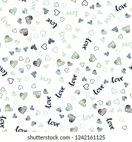 Light Blue, Green vector seamless pattern with phrase LOVE YOU, hearts. Illustration with phrase LOVE YOU, hearts for valentine's day. Pattern for trendy fabric, wallpapers.