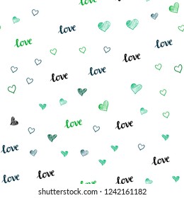 Light Blue, Green vector seamless background with words of love, hearts. Romantic illustration with colorful phrase LOVE YOU, hearts. Pattern for trendy fabric, wallpapers.