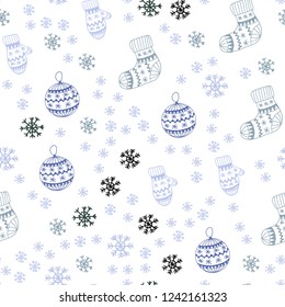 Light Blue, Green vector seamless background with xmas snowflakes, balls, socks, mittens. Colorful decorative design in xmas style. Texture for window blinds, curtains.