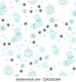 Light Blue, Green vector seamless layout with bright snowflakes, balls, socks, mittens. Colorful illustration with xmas symbols. Design for textile, fabric, wallpapers.
