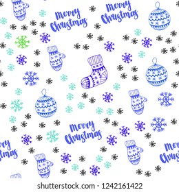 Light Blue, Green vector seamless cover with beautiful snowflakes, balls, socks, mittens. Colorful decorative design in xmas style. Design for textile, fabric, wallpapers.