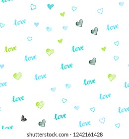 Light Blue, Green vector seamless cover with quote LOVE YOU, hearts. Illustration with phrase LOVE YOU, hearts for valentine's day. Design for wallpaper, fabric makers.