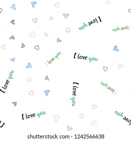 Light Blue, Green vector seamless texture with lovely hearts. Decorative shining illustration with hearts on abstract template. Design for ad, poster, banner of Valentine Day.