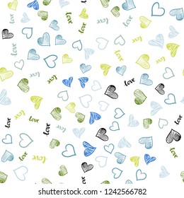 Light Blue, Green vector seamless template with text LOVE YOU, hearts. Romantic illustration with colorful phrase LOVE YOU, hearts. Texture for window blinds, curtains.
