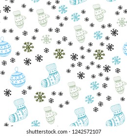 Light Blue, Green vector seamless layout with bright snowflakes, balls, socks, mittens. Colorful xmas elements with gradient. Pattern for trendy fabric, wallpapers.