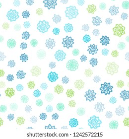 Light Blue, Green vector seamless background with xmas snowflakes. Snow on blurred abstract background with gradient. Pattern for design of window blinds, curtains.