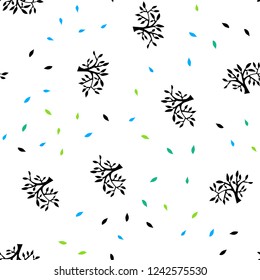Light Blue, Green vector seamless natural backdrop with leaves, branches. Colorful illustration in doodle style with leaves, branches. Design for textile, fabric, wallpapers.