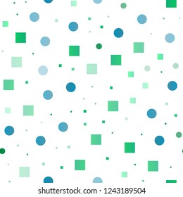 Light Blue, Green vector seamless backdrop with dots, spots, cubes. Colorful gradient with circles, rectangles on abstract backdrop. Pattern for design of window blinds, curtains.
