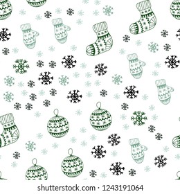 Light Blue, Green vector seamless layout with bright snowflakes, balls, socks, mittens. Glitter abstract illustration with gradient. Pattern for design of fabric, wallpapers.