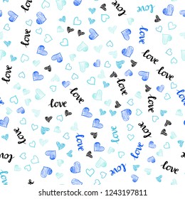 Light Blue, Green vector seamless texture with words LOVE YOU, hearts. Design in doodle style with text LOVE YOU, hearts. Design for wallpaper, fabric makers.