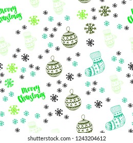 Light Blue, Green vector seamless background with xmas snowflakes, balls, socks, mittens. Modern geometric abstract illustration. Pattern for trendy fabric, wallpapers.