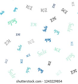 Light Blue, Green vector seamless texture with selling prices 30, 50, 70 %. Gradient illustration with discount signs on white backdrop. Backdrop for mega promotions, discounts.