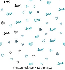 Light Blue, Green vector seamless template with text LOVE YOU, hearts. Illustration with words of love, hearts in abstract style. Texture for window blinds, curtains.