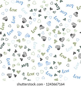 Light Blue, Green vector seamless background with words of love, hearts. Colorful gradient phrase LOVE YOU, hearts in abstract style. Design for wallpaper, fabric makers.