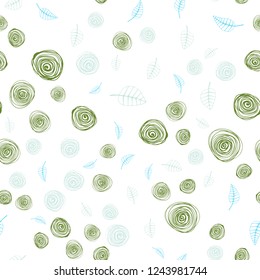 Light Blue, Green vector seamless natural backdrop with leaves and flowers. Colorful abstract illustration with leaves in doodle style. Template for business cards, websites.