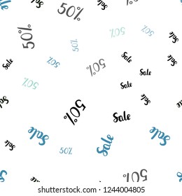 Light Blue, Green vector seamless pattern with 50 percentage signs. Colored words of sales with gradient on white background. Pattern for ads, posters, banners of sales.