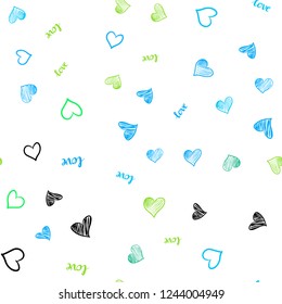Light Blue, Green vector seamless background with words of love, hearts. Romantic illustration with colorful phrase LOVE YOU, hearts. Design for textile, fabric, wallpapers.