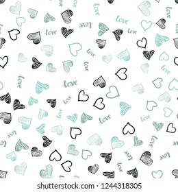 Light Blue, Green vector seamless pattern with phrase LOVE YOU, hearts. Colorful illustration with quote LOVE YOU, hearts. Design for textile, fabric, wallpapers.