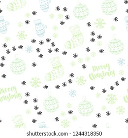 Light Blue, Green vector seamless background with xmas snowflakes, balls, socks, mittens. Colorful illustration with xmas symbols. Texture for window blinds, curtains.