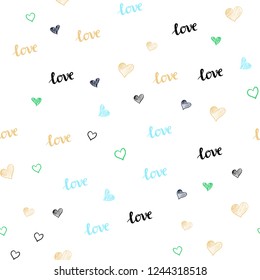 Light Blue, Green vector seamless template with text LOVE YOU, hearts. Colorful illustration with quote LOVE YOU, hearts. Texture for window blinds, curtains.